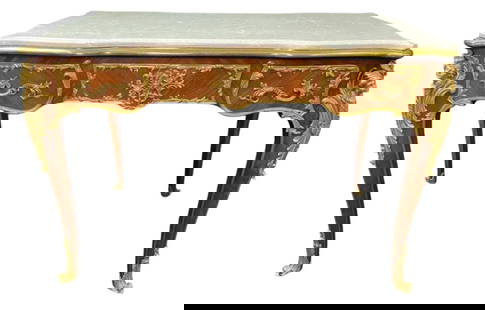 A GOOD DORE BRONZE MOUNTED KINGWOOD MARBLE TOP TABLE: Circa 1900. Dimensions: 44 inches wide; 27 inches deep; 30 1/2 inches high.Estimate $8.000-10.000