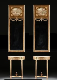 A PAIR OF LOUIS XVI STYLE CONSOLE TABLES WITH TRUMEAU MIRRORS