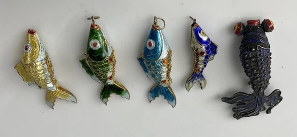 SET OF 5 CHINESE STERLING AND ENAMEL FISH