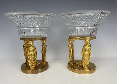 A PAIR OF EMPIRE STYLE DORE BRONZE AND BACCARAT CRYSTAL CENTERPIECES