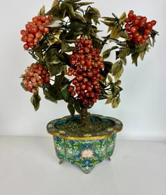 A LARGE CHINESE CLOISONNE AND HARD STONE PLANT