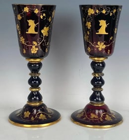 A PAIR OF GILT RUBBY GLASS CHALICES