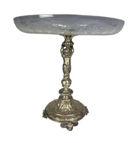 19TH C. CONTINENTAL SILVER AND ETCHED GLASS TAZZA