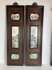 PAIR OF CHINESE WOOD AND PORCELAIN PANELS