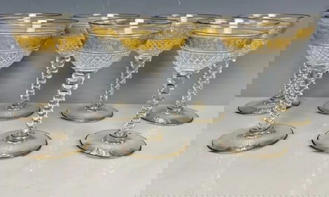 SET OF 7 GILT VAL ST LAMBERT CHAMPAGNE GLASSES