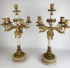 A LARGE PAIR OF ORMOLU MOUNTED MARBLE CANDELABRA