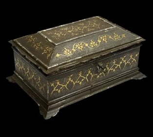 A 19TH C. INDO PERSIAN GOLD INLAID FOOLAD BOX