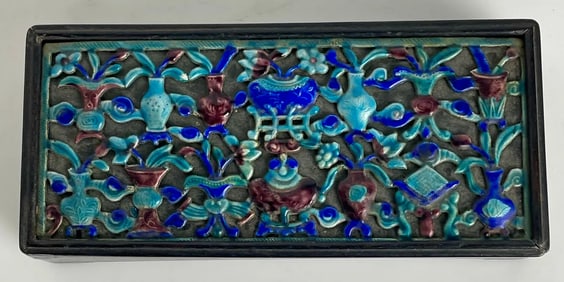 CHINESE WOOD BOX WITH ENAMEL TOP.