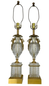 A PAIR OF ORMOLU MOUNTED BACCARAT STYLE CRYSTAL LAMPS