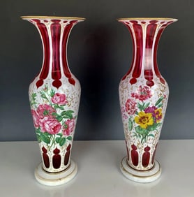 A LARGE PAIR OF MOSER OVERLAY GLASS VASES