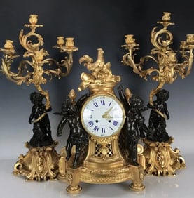 PALATIAL BRONZE CLOCK SET SIGNED H. PICCARD CIRCA 1880
