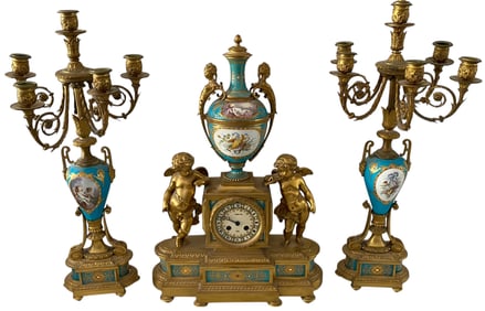 19TH C. ORMOLU MOUNTED JEWELLED SEVRES CLOCK SET