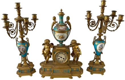 19TH C. ORMOLU MOUNTED JEWELLED SEVRES CLOCK SET