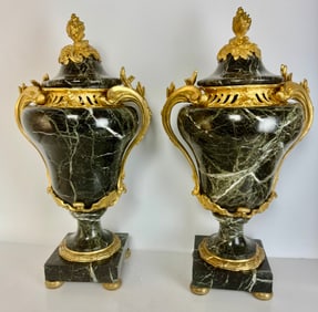 A PAIR OF ORMOLU MOUNTED VERDE MARBLE VASES AND COVERS