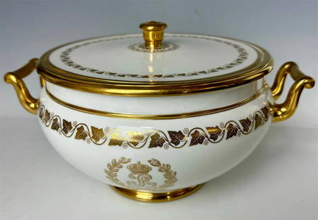 LOUIS PHILLIPE SEVRES PORCELAIN TUREEN 1836: King Louis Philippe Sevres Service Footed Tureen , circa 1836. Measures 12 inches long. In excellent condition. Estimate $2.000-2.500