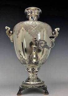 A LARGE PERSIAN SILVER SAMOVAR: Circa 1950. 24" High. Approx 4500 grams. Excellent condition. Estimate $8.000-10.000