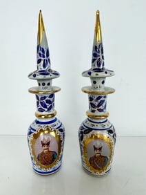A PAIR OF PERSIAN MARKET OPALINE BOTTLES AND TOPS