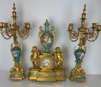 19TH C. ORMOLU MOUNTED JEWELLED SEVRES PORCELAIN CLOCK SET