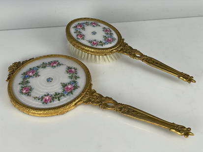 CONTINENTAL DORE BRONZE AND ENAMEL MIRROR & BRUSH: Circa 1900. Good condition. Estimate $500-600