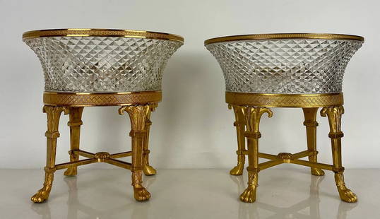 A PAIR OF ORMOLU MOUNTED BACCARAT CRYSTAL FOOTED BOWLS: Circa 1900. Measures 7 inches D., 8 inches h. In excellent condition. Estimate $2000-2500