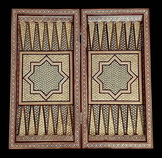 PERSIAN KHATAMKARI BACKGAMMON SET: Measures 50cm L. In excellent condition.Estimate $1000-1500