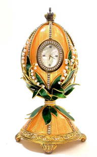 IMPERIAL FABERGE ENAMEL EGG CLOCK: In good condition, movement not tested. Estimate $3000-4000