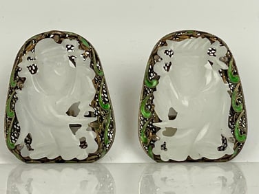CHINESE SILVE ENAMEL AND WHITE JADE EARINGS