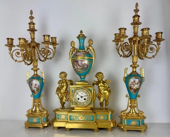 19TH C. ORMOLU MOUNTED JEWELLED SEVRES PORCELAIN CLOCK SET