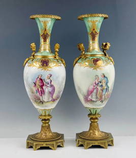 19TH C. PAIR OF ORMOLU MOUNTED SEVRES PORCELAIN VASES: Measures 15 inches high. In excellent condition. Estimate $1200-1500