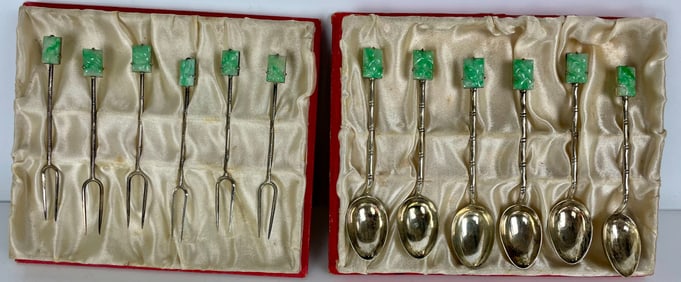 CHINESE SILVER AND JADE TEASPOONS AND FORKS
