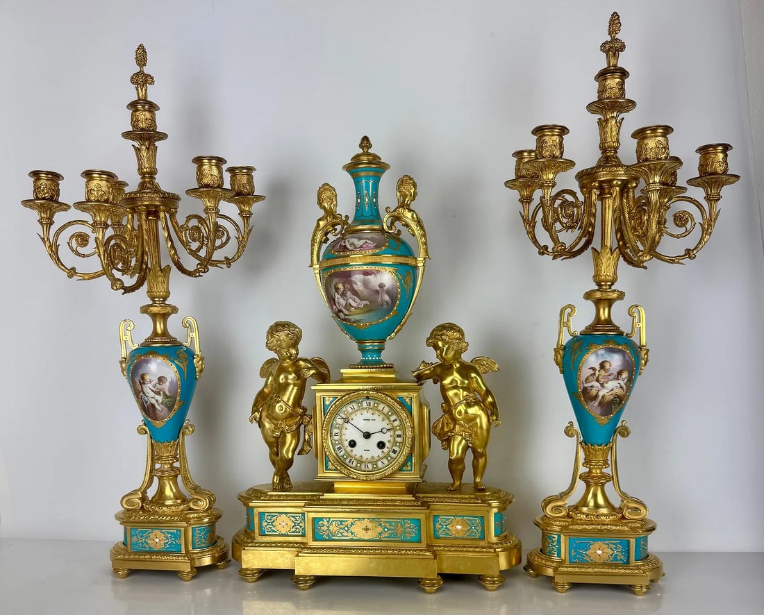 19TH C. ORMOLU MOUNTED JEWELLED SEVRES PORCELAIN CLOCK SET (1 of 6)