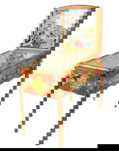 HUMPTY-DUMPTY PINBALL: A Vintage Humpty-Dumpty Pinball , with label "H.A. Roggow" 65 1/2 x 23 x 53 in..working condition unknown. Estimate $1000-1500