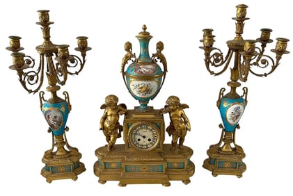 19TH C. ORMOLU MOUNTED JEWELLED SEVRES CLOCK SET