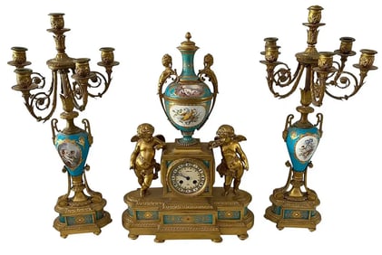 19TH C. ORMOLU MOUNTED JEWELLED SEVRES CLOCK SET