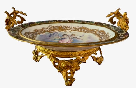 A LARGE CHAMPLEVE ENAMEL AND SEVRES PORCELAIN CENTERPIECE