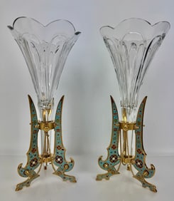 A PAIR OF FRENCH CHAMPLEVE ENAMEL AND BACCRAT VASES