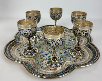 19TH C. INDIAN SILVER ENAMEL LIQUOR SET