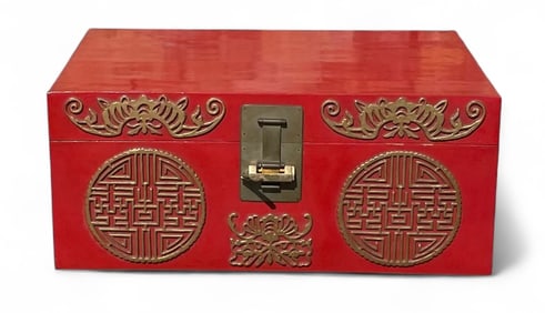 ANTIQUE CHINESE EXPORT RED LEATHER TRUNK