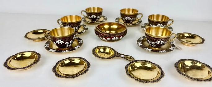 RUSSIAN GOLD OVER SILVER ENAMEL TEA SET