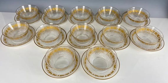 SET OF 12 GILT CRYSTAL FINGER BOWLS AND PLATES