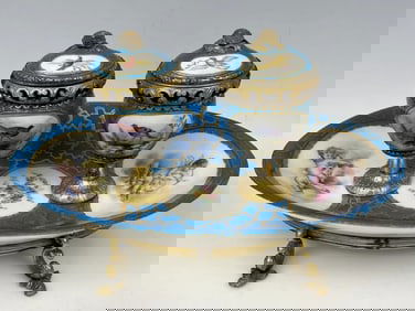 19TH C. ORMOLU MOUNTED SEVRES PORCELAIN INKWELL