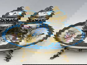 19TH C. ORMOLU MOUNTED SEVRES PORCELAIN INKWELL: Measures 11 x 8 x 6 inches. In good antique condition. Estimate $800-1.000