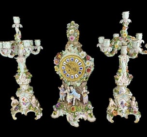 A LARGE 19TH C. MEISSEN PORCELAIN CLOCK SET