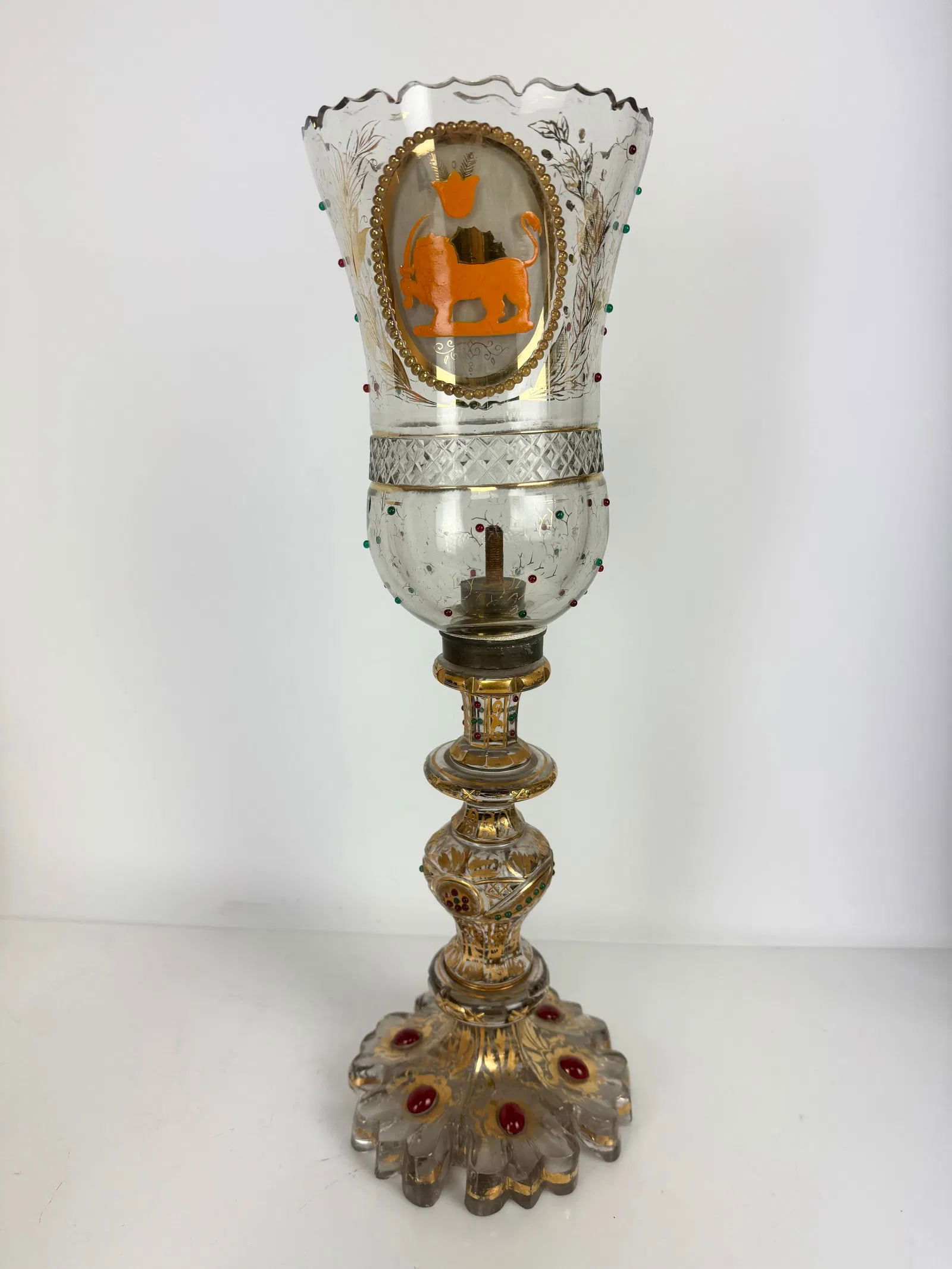 A PERSIAN MARKET JEWELED BACCARAT HURRICANE LAMP: Circa 1880. Measures 20 inches , in good condition.Estimate $2000-2500