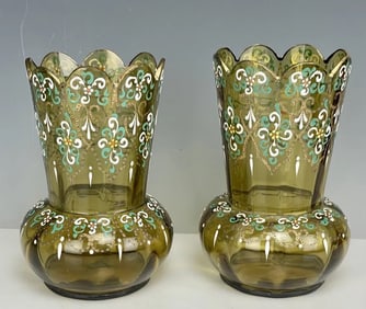 A PAIR OF ENAMELED MOSER VASES