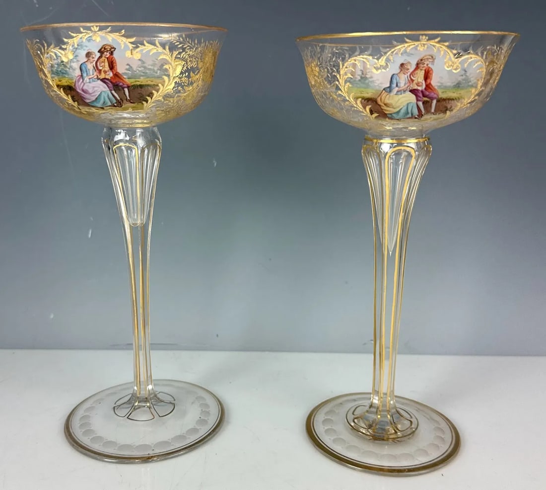 A LARGE PAIR OF ENAMELLED MOSER GLASSES: Circa 1900. Measure 9 inches tall. In overall good condition, minor loss of gold. Estimate $500-600