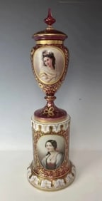 A LARGE MOSER VASE AND COVER ON STAND