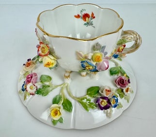 19TH C. FLOWER INCRUSTED CUP AND SAUCER