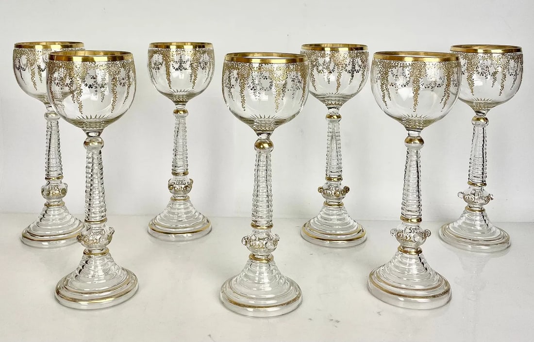 SET OF 7 GILT MOSER WINE GLASSES: Circa 1900. Measure 7.75 inches tall. In good condition. Estimate $600-800