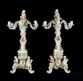 A PALATIAL PAIR OF MEISSEN PORCELAIN CANDELABRA